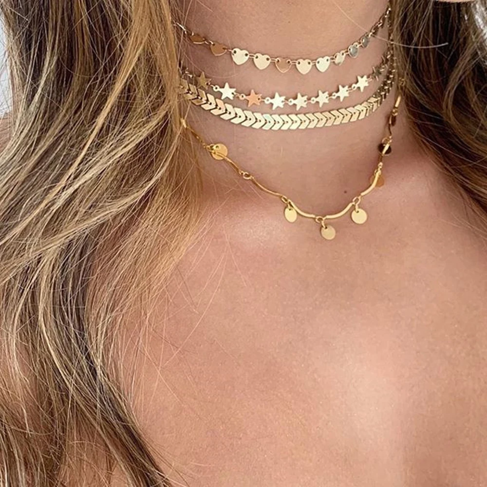 

Boho New Geometry Vintage Fashion Multilevel Necklaces For Women Crystal Heart Star Sun Moon Pendant Necklace Female Jewelry