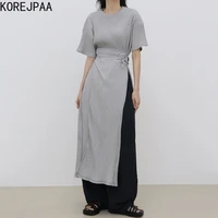 korejpaa women dress 2021 summer korean chic ladies minimalist niche round neck tie waist design side slit short sleeve vestidos