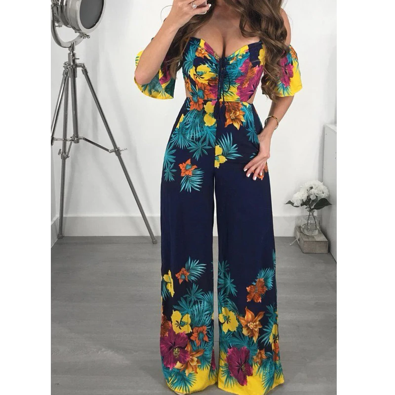 Женский шифоновый комбинезон с V образным вырезом и широкими штанинами|Женские