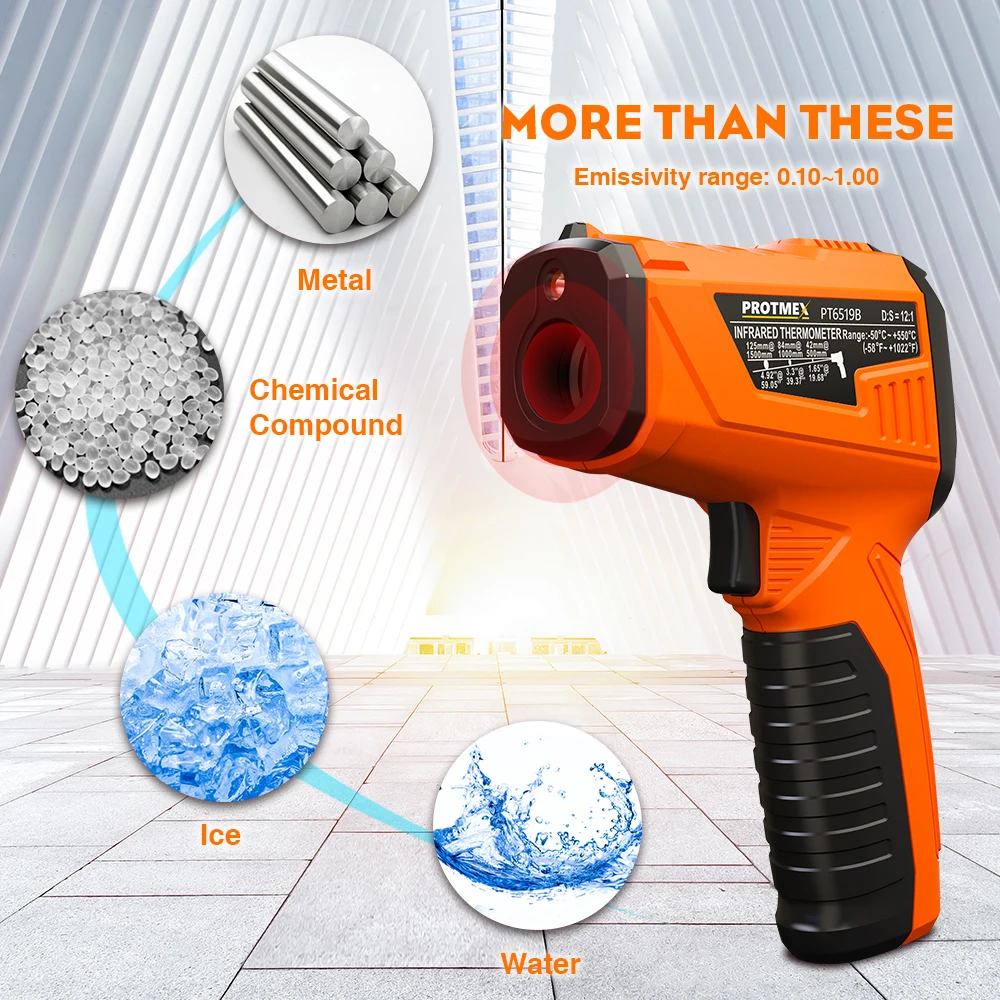 Инфракрасный термометр-58F~ 1022F(-50C~ 550C) Бесконтактный лазерный температурный пистолет с цветным ЖК-экраном, регулируемая излучательная сигнализация