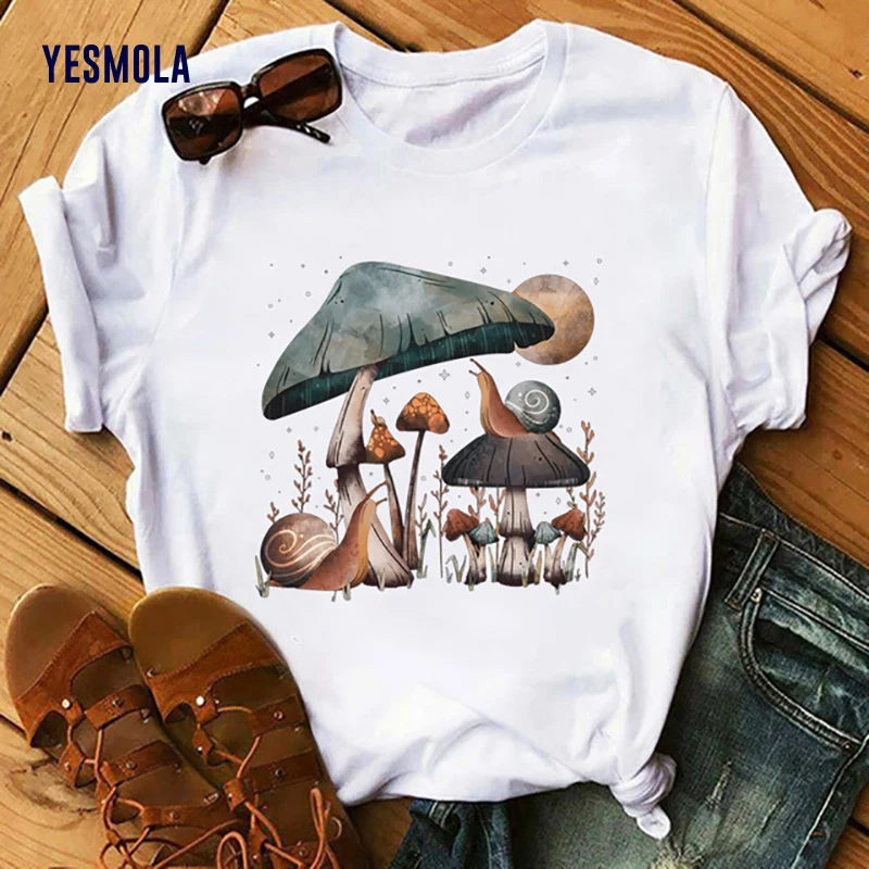 

YESMOLA Mushrooms Kawaii Funny Printed Tshirt Women T-shirts Oversized Tshirt Summer Cartoon Ladies Tees Female Streetwear Tops