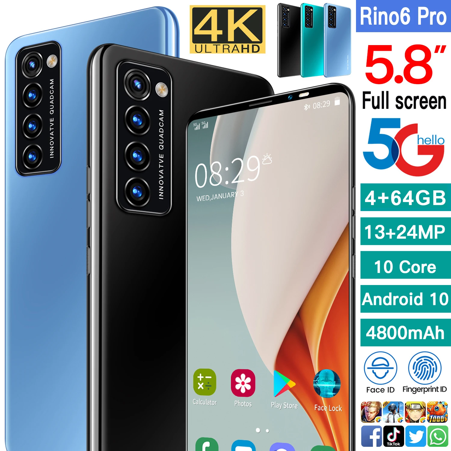 

Hot Sale Rino6 Pro 5.8 Inch Smartphone 4G 128GB Andriod 10 Core 4800mAh Mobile Phone Face Fingerprint ID Dual SIM 13+24MP Newest
