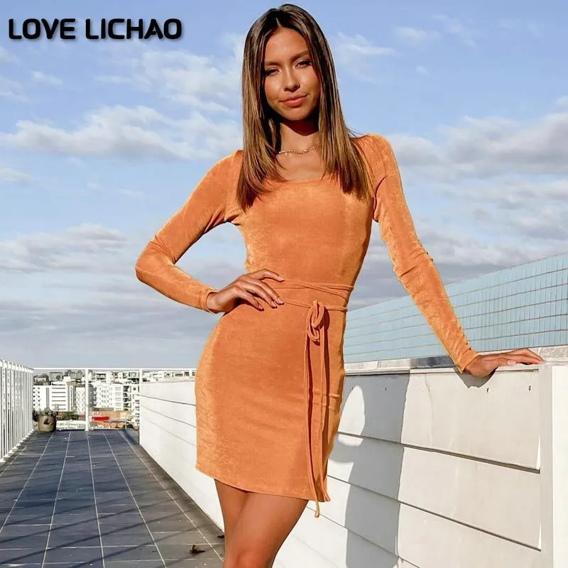 

Knitted Long Sleeve Sexy Short Dress Womens Backless O-neck Dress Fashion Sexy Lace Up Chic Bodycon Dress Autumn Clothes