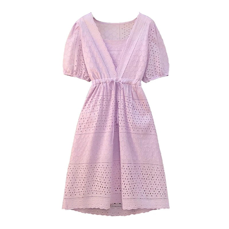 

Plus Size New Summer Women Short Sleeve Hollow Out Lace-up A Line Dress Female Dress L XL 2XL 3XL 4XL