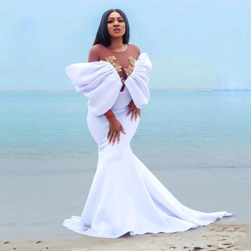 

White Elegant Mermaid Evening Dresses Draped Off Shoulder Formal Prom Dresses African Bridal Gown Aso Ebi Party Night Dress