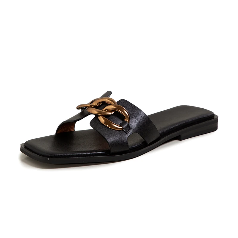

Fashion Brand Gold Metal Chain Slippers Genuine Leather Flat Heels Casual Slide Summer Outdoor Beach Sandals Ladies Flip Flops