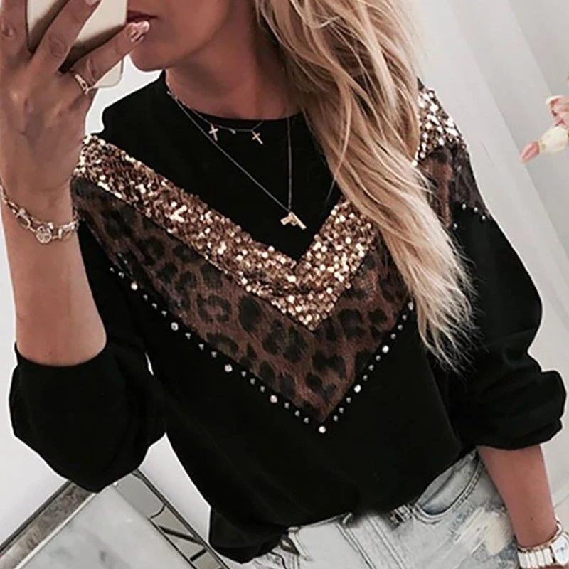 01 Beading Leopard Women Sequins Lips Print Fashionable Sweatshirt Autumn Leopard Long Sleeve Beading Hoodie Lady O-neck Kawaii Sweatshirt Hoodies - Цвет: 01 Beading Leopard