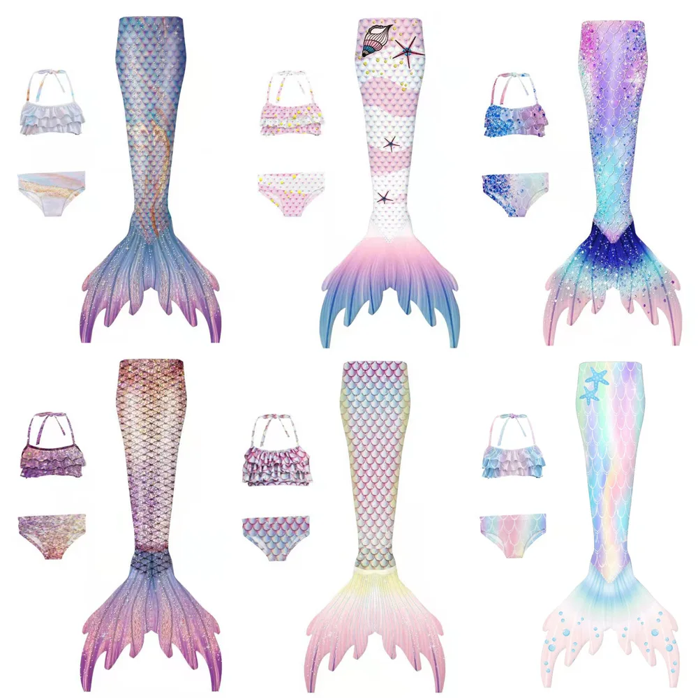 

MW 3Pcs/set Mermaid Swimming Tail Sparlking Strecthable Swimming Dress Floral Mermaid Cosplay Costume for Children Girls