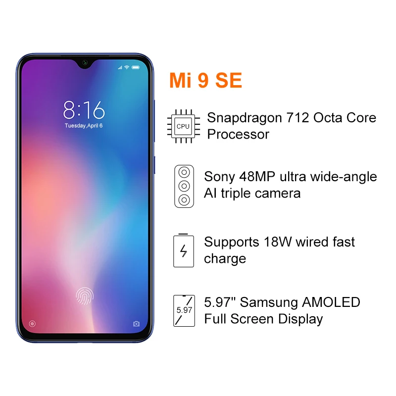 Смартфон Xiaomi Mi 9 SE 6 ГБ 64 Snapdragon 712 5 97 дюймов AMOLED дисплей 48 МП основная камера 18 Вт