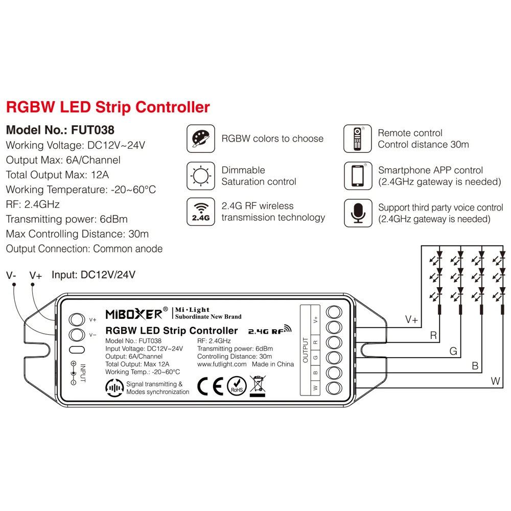 FUT038 (апгрейд) 2 4G 4-зона RGBW Светодиодные ленты Управление DC12 ~ 24V Диммируемый