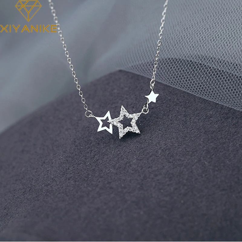 

XIYANIKE Silver Color Hollow 2 Star Stitching Rhinestone Pendant Necklace Female Light Luxury Unique Design Refinement