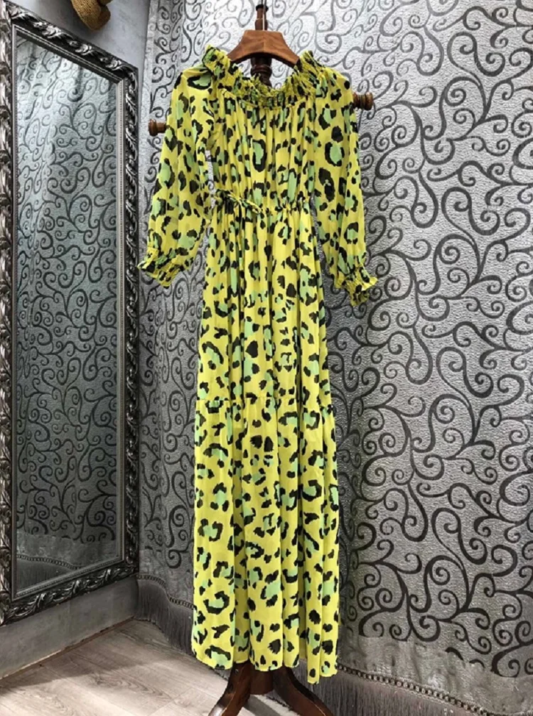 

Long Dress Silk 2021 Spring Fashion Style Women Ruffled Collar Sexy Wild Leopard Print Drawstring Waist Red Yellow Dress Maxi