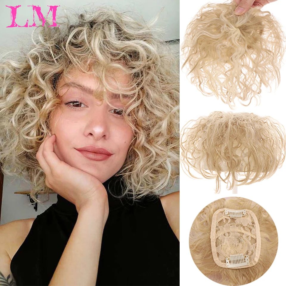 LM Black Brown Curly Hair Top Toupee Clip In Synthetic Hair Extensions Replacement Closure Hairpiece Wigs With Bangs Women