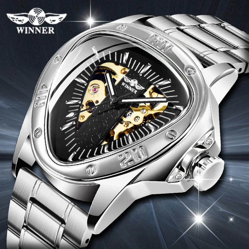 Часы наручные WINNER Мужские механические треугольные модные брендовые с вырезами