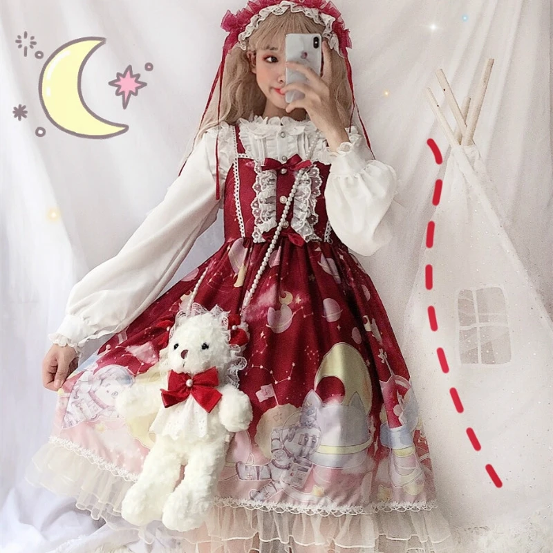 Sleeveless Winered Платье в стиле Лолиты; милое платье в японском стиле Kawaii; платье принцессы для девочек в винтажном готическом стиле; кружевная розовая летняя юбка с принтом - Цвет: Sleeveless Winered