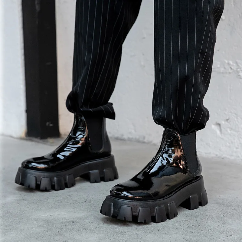 

Goth Platform Chelsea Women's Boots Fashion Casual Black Female Chunky Shoes Spring Autumn Leather Handmade Ladies Ankle Boots