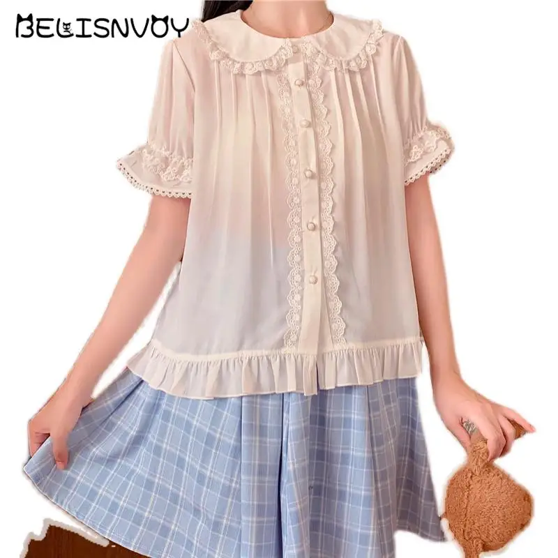 

Japanese Summer Sweet Women Blouse Shirt For Tops Soft Girl Lolita Peter Pan Collar Lace Splicing Ruffles Lady Shirts Blusa