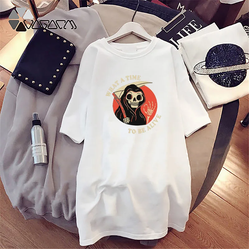 

Plus Size Dress Mini Women Loose Summer Skull Print T-Shirt Dresses Korean Casual Short Sleeve Streetwear Pullover Dress Vestido
