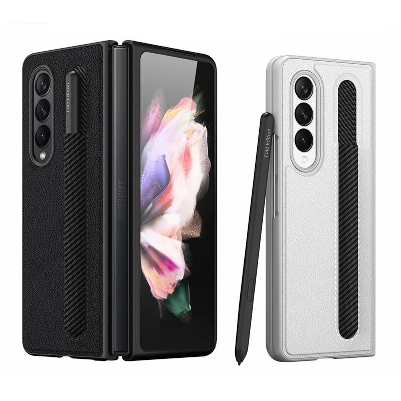 

Leather Cover Case For Samsung Galaxy Z Fold 3 With S-pen Socket Luxury Phone Shell ZFold3 Coque S Pen Slots Business Style