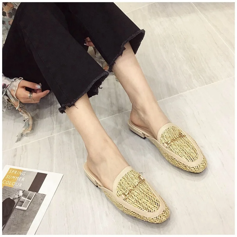New Fashion Women Mules Slipper Low Heel Slip On Slide Sandals Cane Woven Beach Summer Slippers Flat Sandals