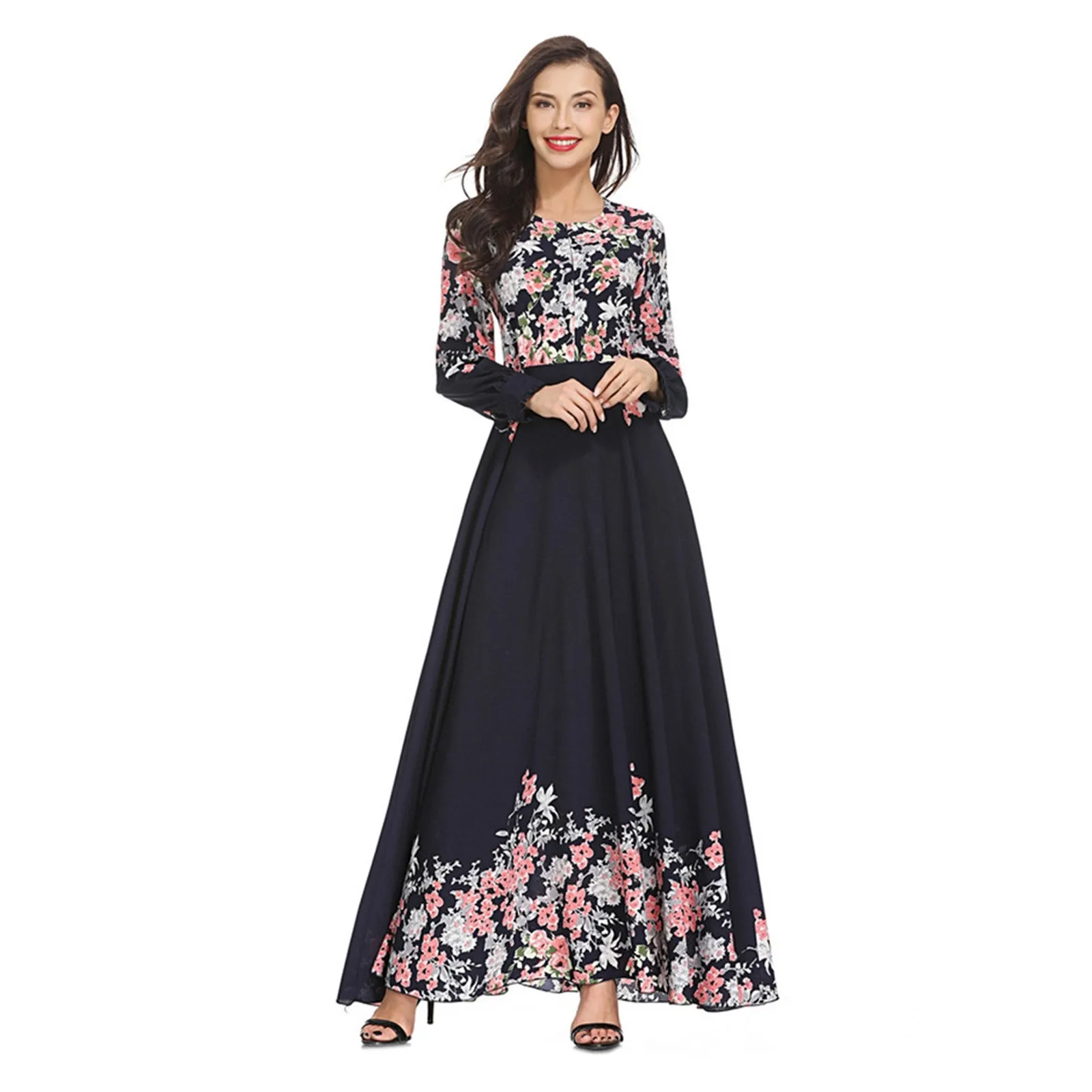 

Women Summer Boho Sexy Elegant Dress Muslim Loose Floral Printed Long Sleeve O-neck Ankle-length Clothing vestido de mujer#35