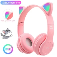 bluetooth headset compatible earphone 5 0 wireless led girl stereo foldable sports headphones mic earpiece cute cat ears