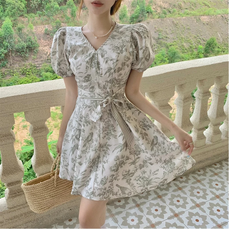 

Fashion Summer Vintage Puff Sleeve Mini Dress Ladies Elegant Streetwear Casual Floral Print V-Neck Sashes A-Line Short Dress