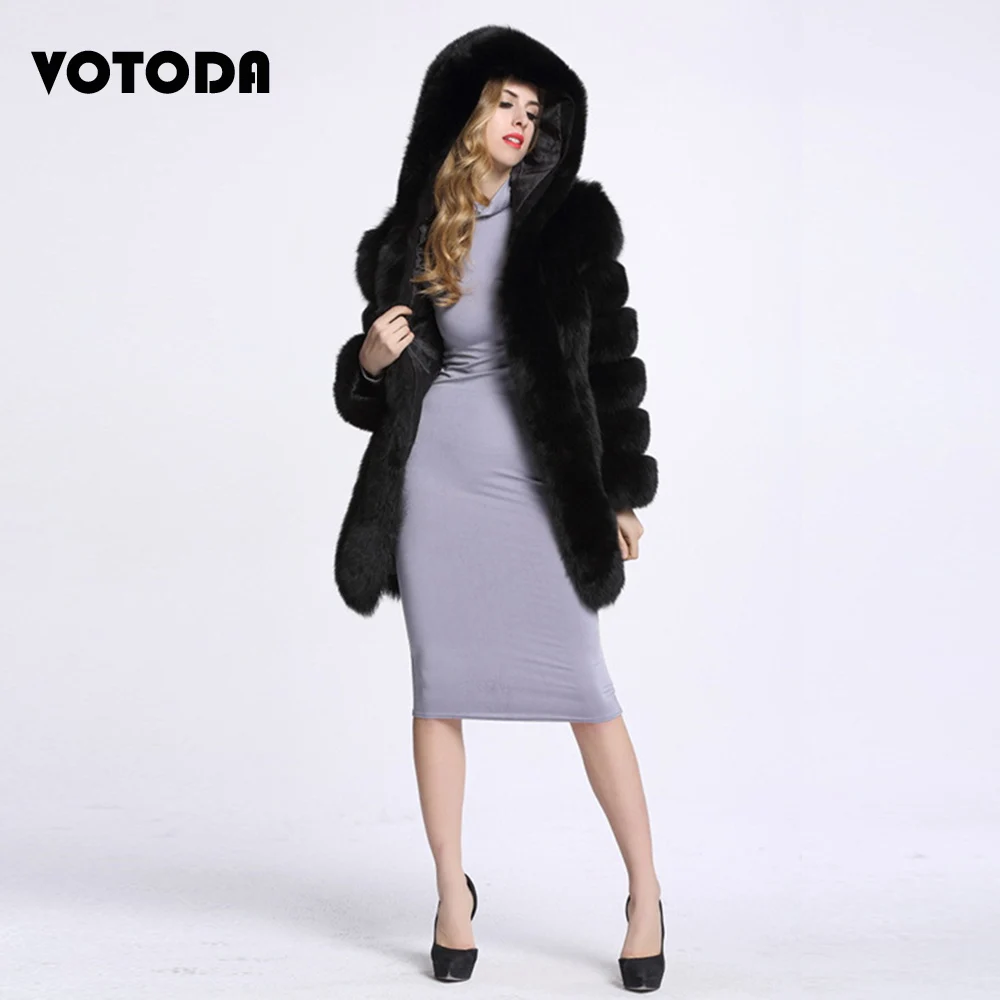 Warm Fashion Fox Fur Coat Women Fluffy Furry Mink Coat Winter Long Sleeve Hooded Overcoat Luxury Thick Outerwear Faux Fur Jacket