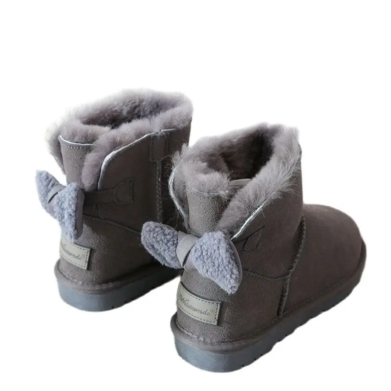 

Новинка, зимние аксессуары, женская обувь на плоской подошве, с бархатным утеплителем и бантом, модные кожаные шерстяные зимние сапоги