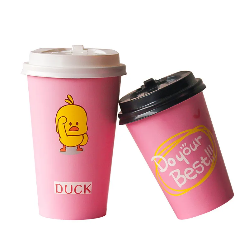 

50pcs High quality 400ml 12oz disposable coffee cups takeaway hot cold drink coffee cup party favors pink paper cups with lid