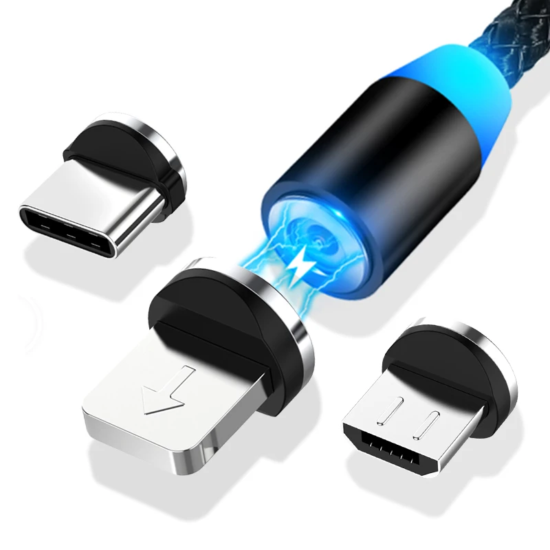Магнитный usb-кабель для быстрой зарядки 2,1 А, Тип C, микрокабель, светодиодный, с нейлоновой оплеткой, type-C, магнитное зарядное устройство для iPhone XS X 7, samsung, 1 м, 2 м