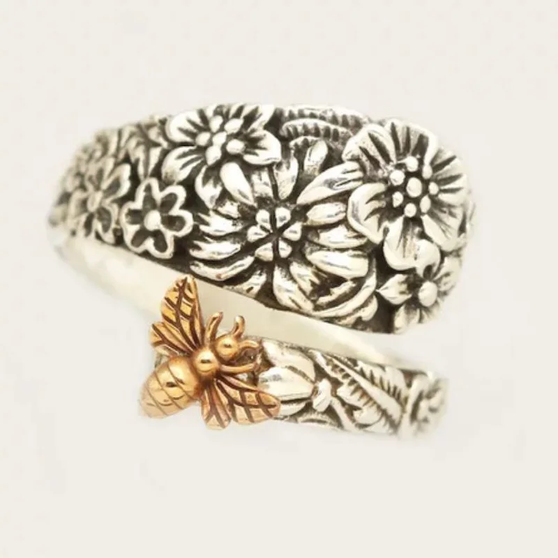 

Vintage flower rose gold bee antique silver open ring
