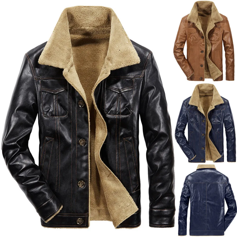 

Fashion Men Autumn Winter Coat Casual Pocket Button Thermal Leather Jacket Comfy High Quality Warm Top Coat Fast Free Shipping