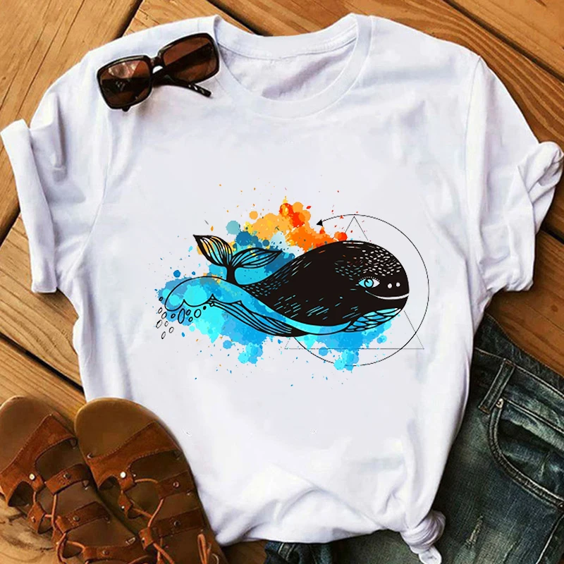 

New Fashion Women Short Sleeve Tops Ink Painting Whale Graphic Print Female T-shirt Oversized Soft Modal Clothes 25258