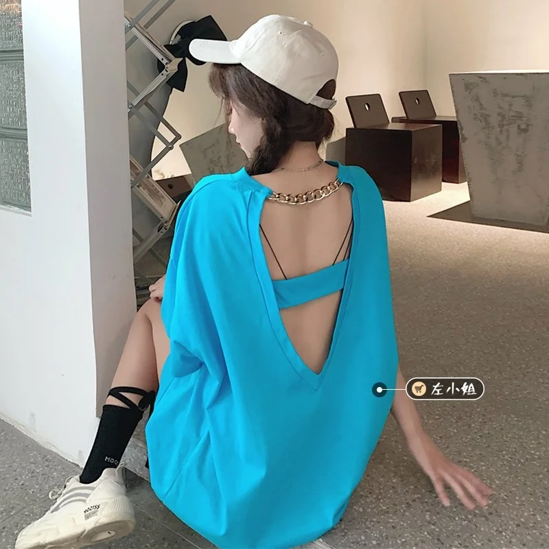 Женский топ с открытой спиной свободная футболка средней длины коротким рукавом