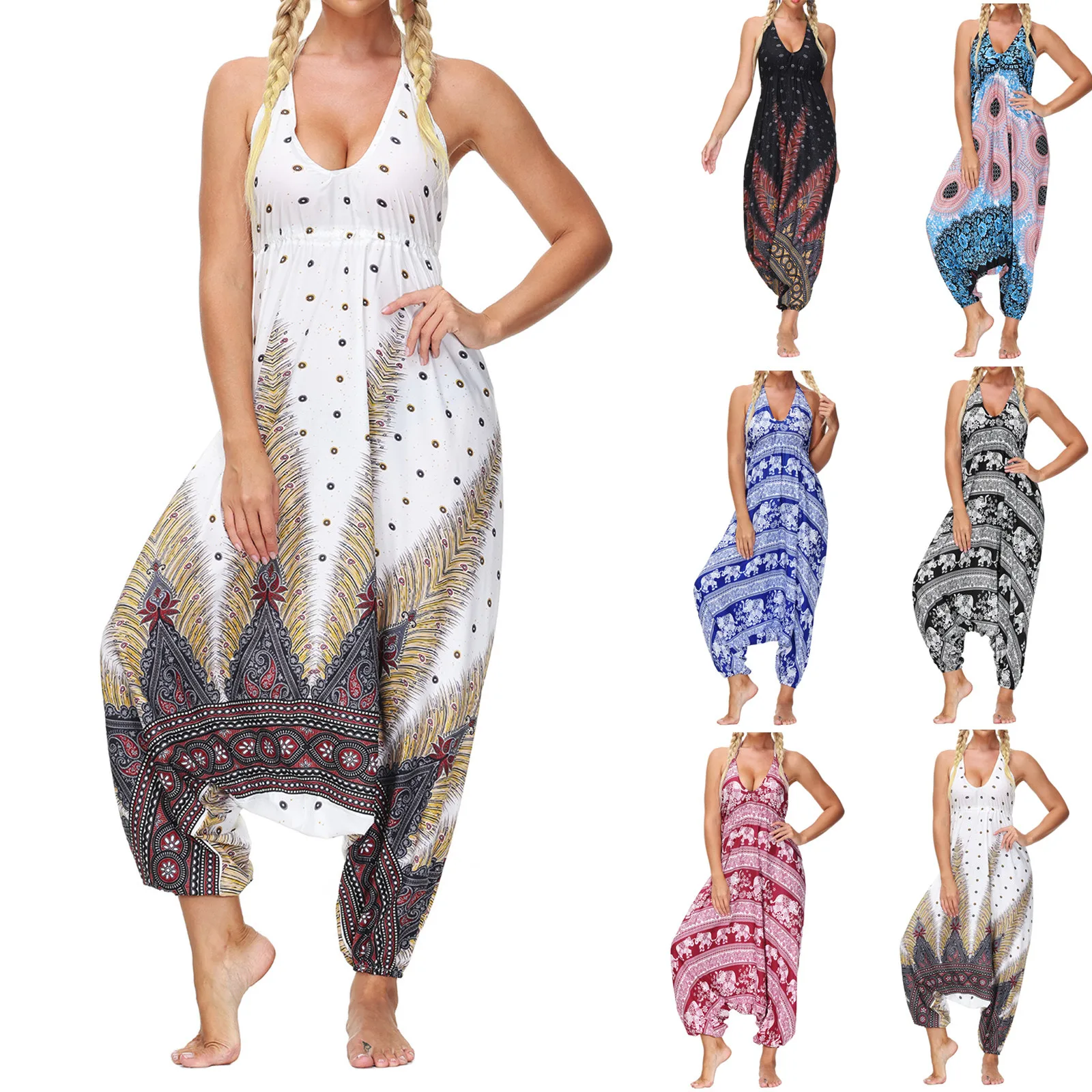 

Женские Мешковатые комбинезоны, летние шаровары с этническим принтом, женский комбинезон, повседневные цыганские комбинезоны, комбинезоны