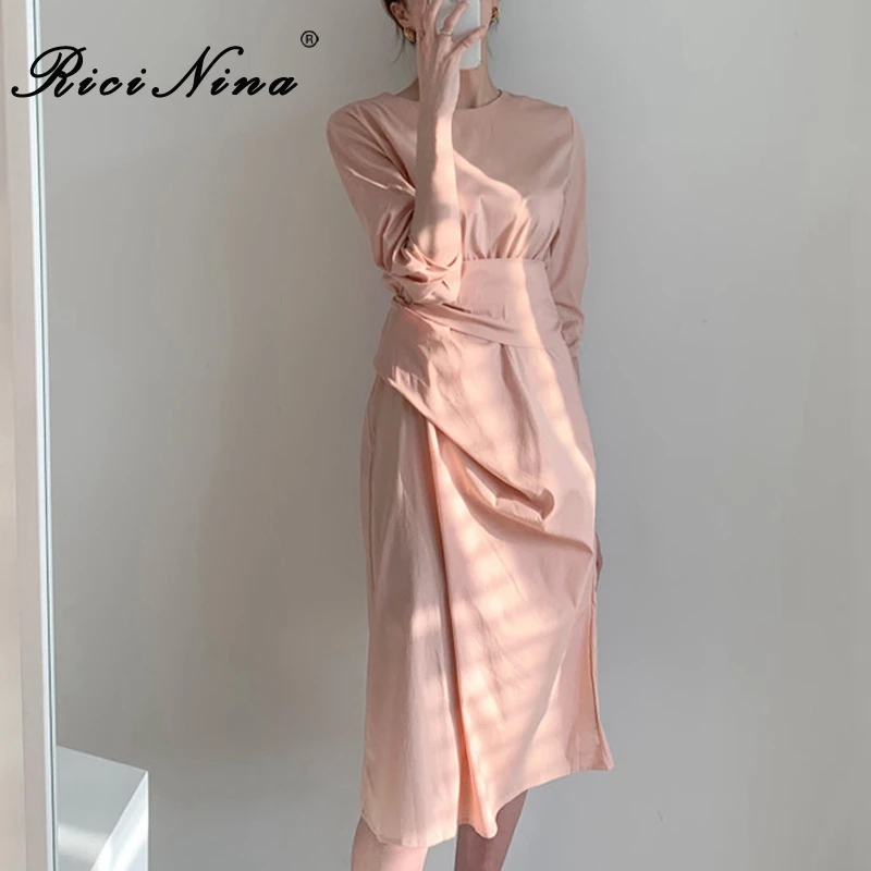 RICININA осеннее платье женское элегантное 2019 о образный вырез сплошная шикарная