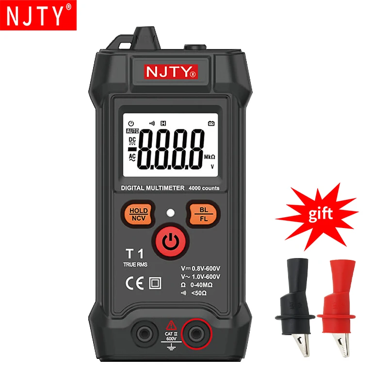 

NJTY T1 Mini Digital Multimeter 4000 Counts Auto Ranging TRMS AC/DC Voltage resistance NCV with Backlight+flashlight Multi metro