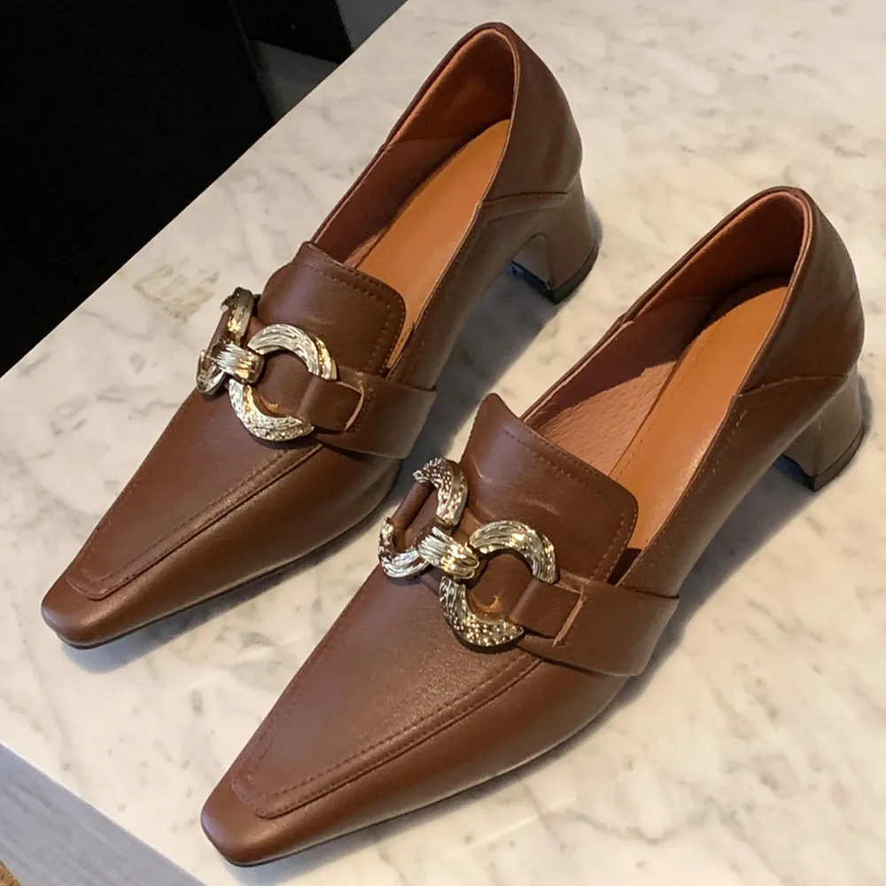 

Women's genuine leather thick low heel pointed toe slip-on pumps metal buckle elegant ladies OL style comfrotable daily shoes