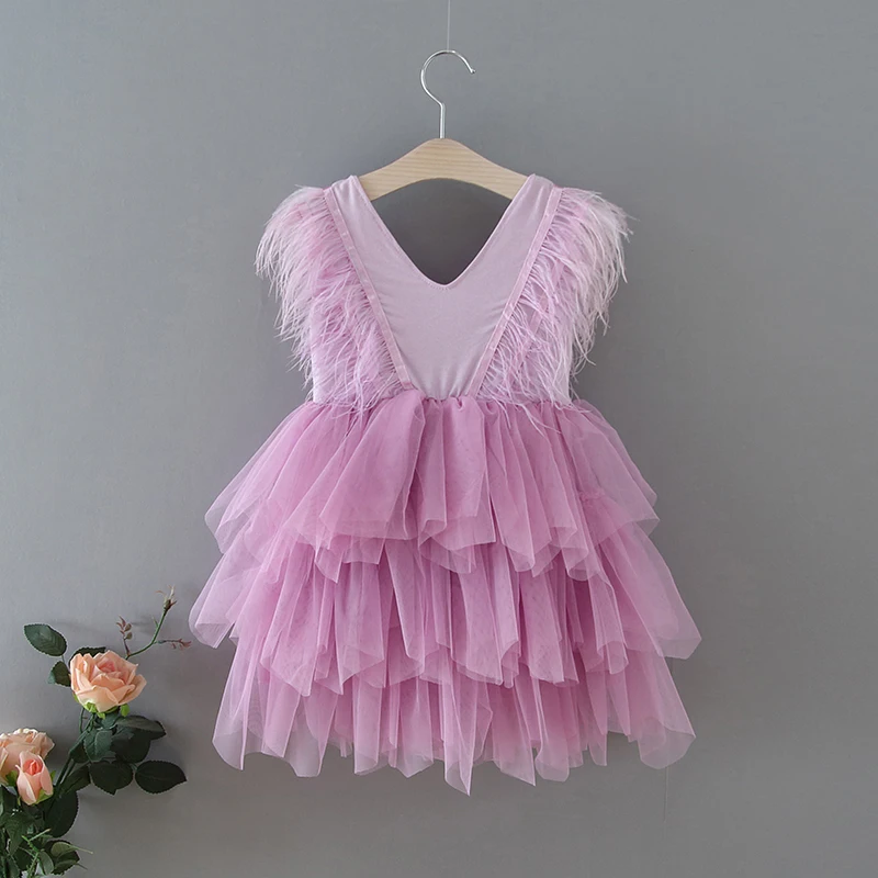 Vestidos de fiesta para ni&ntilde;as, novedad de 2021, cuello en V, pluma, tul esponjoso, pastel, vestidos de princesa para espect&aacute;culo de boda, ropa de beb&eacute; E1955-4