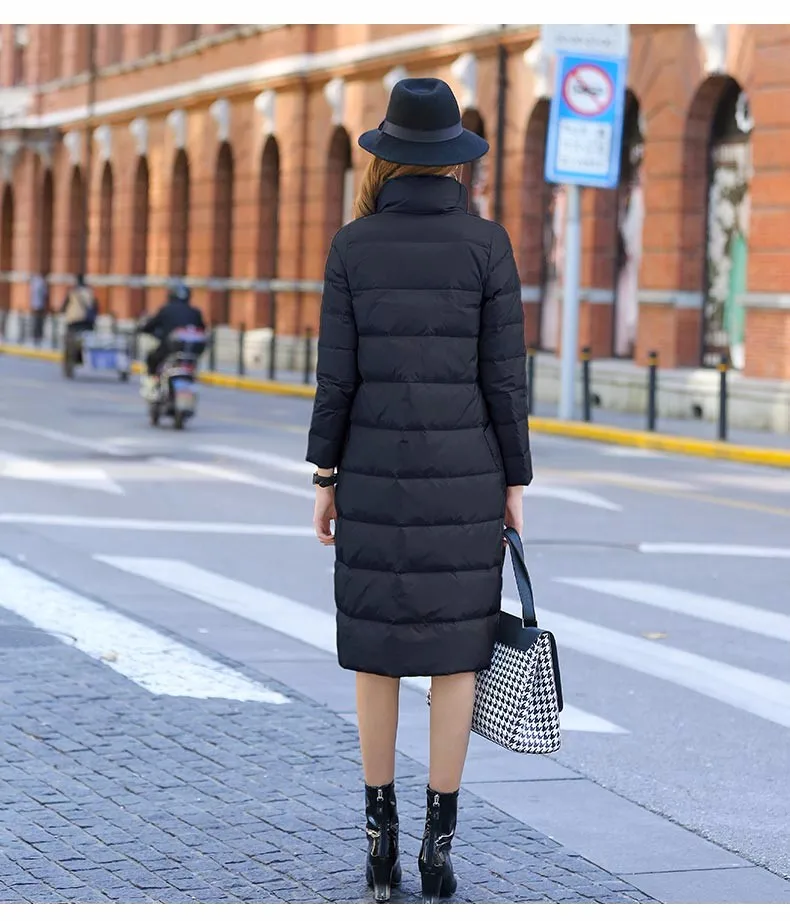 Double Sided Women's Down Jacket Long Winter Turtleneck White Duck Down Coat Female Double Breasted Plus size Warm Plaid Parkas