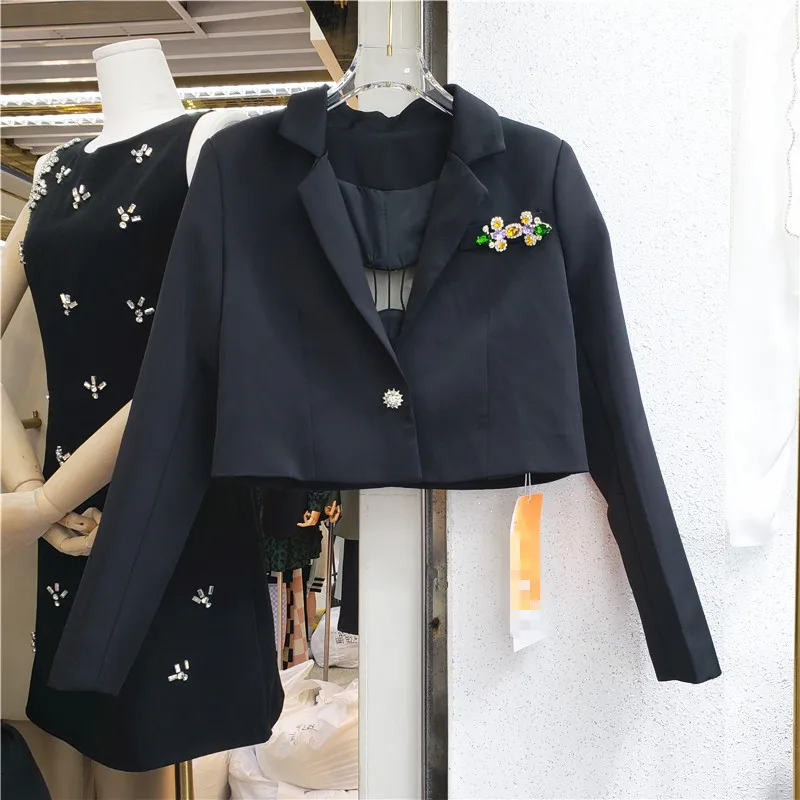 

Укороченный пиджак для женщин в европейском стиле, Новинка осени 2021, трехмерное украшение с бриллиантами, задняя полая фотопальто