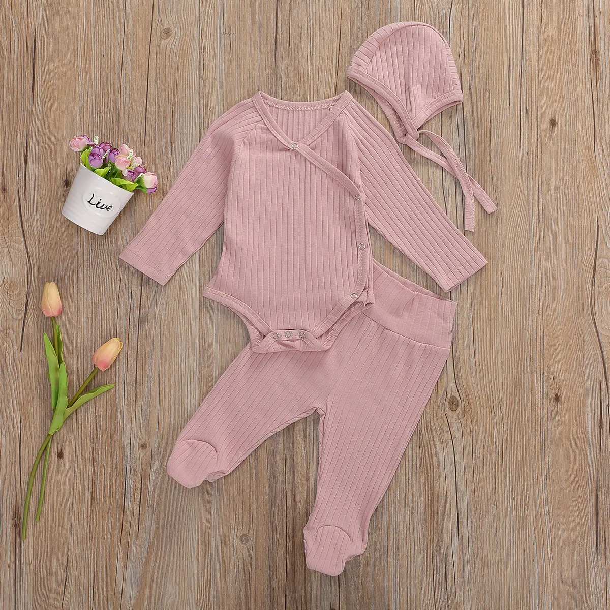 Детский комплект одежды из 3 предметов в рубчик однотонный комбинезон с длинными