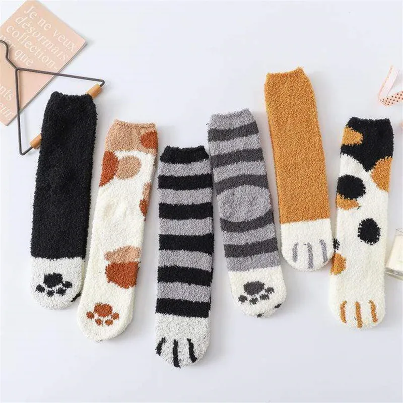 

1 Pair Women Men Plush Coral Fleece Socks Adults Tube Socks Autumn Winter Cat Claws Cute Thick Warm Sleeping Floor Sleep Socks