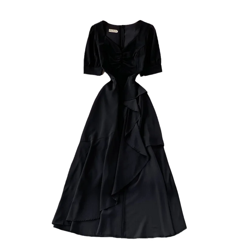 

2021 Summer New Style V-neck Lace Up Waist Feminine Show Thin Ruffle Fishtail Dress Elegant Dress