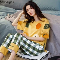 pajamas sets women korean style printed plaid full length nightwear cute student soft trendy thin loose comfortable leisure chic