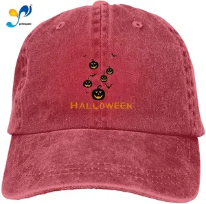 Halloween Pumpkin-Face Hat Vintage Denim Baseball Caps Cotton Dad Hat Adjustable Sandwich Hat