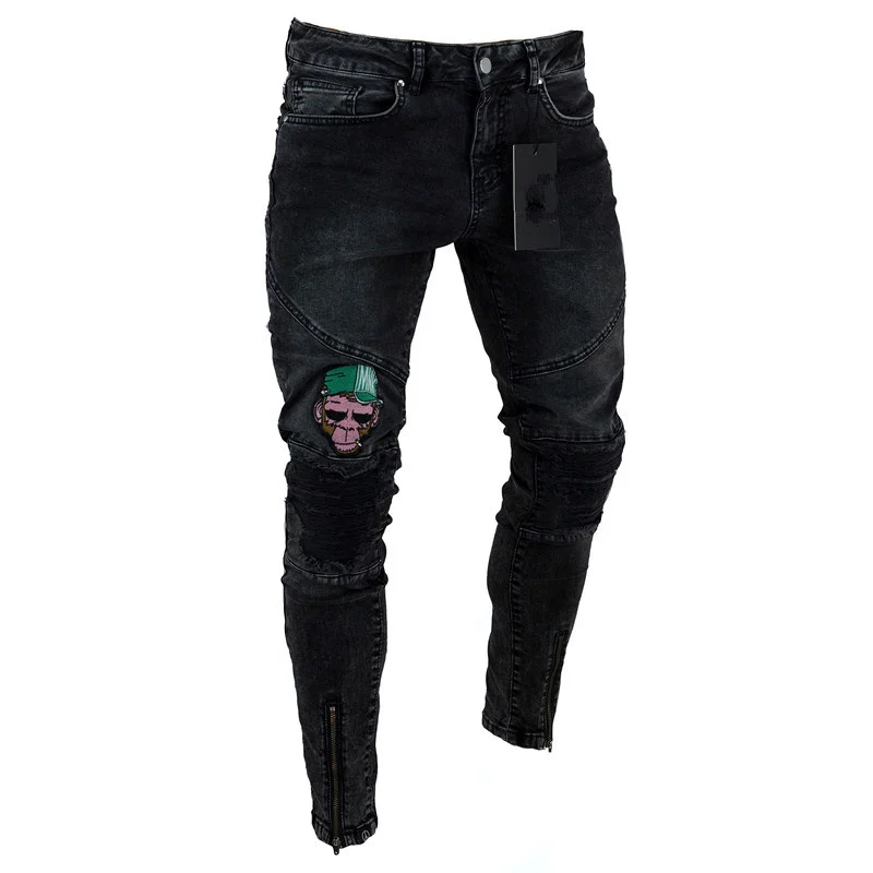 

Men Pencil Jeans Stretchy Embroidery Ripped Skinny Biker Destroyed Hole Taped Slim Fit Denim Scratched Harem Jean Plus Size