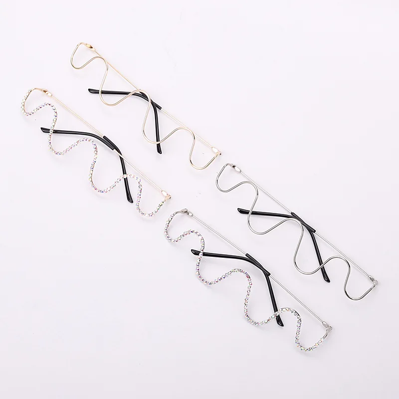 

2021 Half-frame Sunglasses Handmade Diamond Half-frame Glasses Ladies Sunglasses Metal Wave No Decorative Glasses Frame UV400