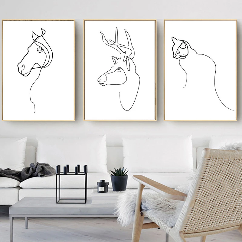 Абстрактная лошадь олень кошка животные линии рисунок Северный плакат печать